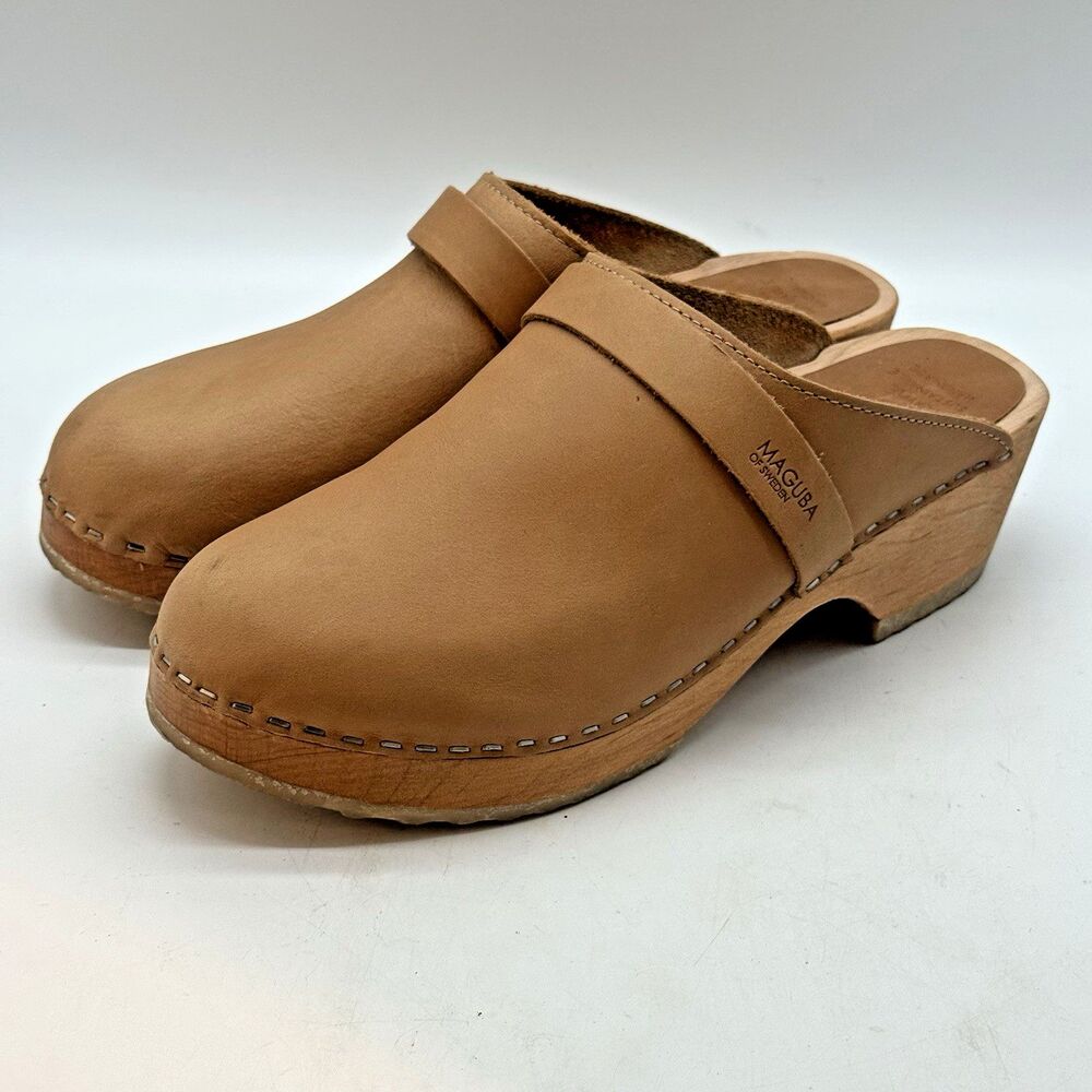 Maguba of Sweden Berkeley Light Tan Leather Clogs Women's 9 Wooden Platform Mule